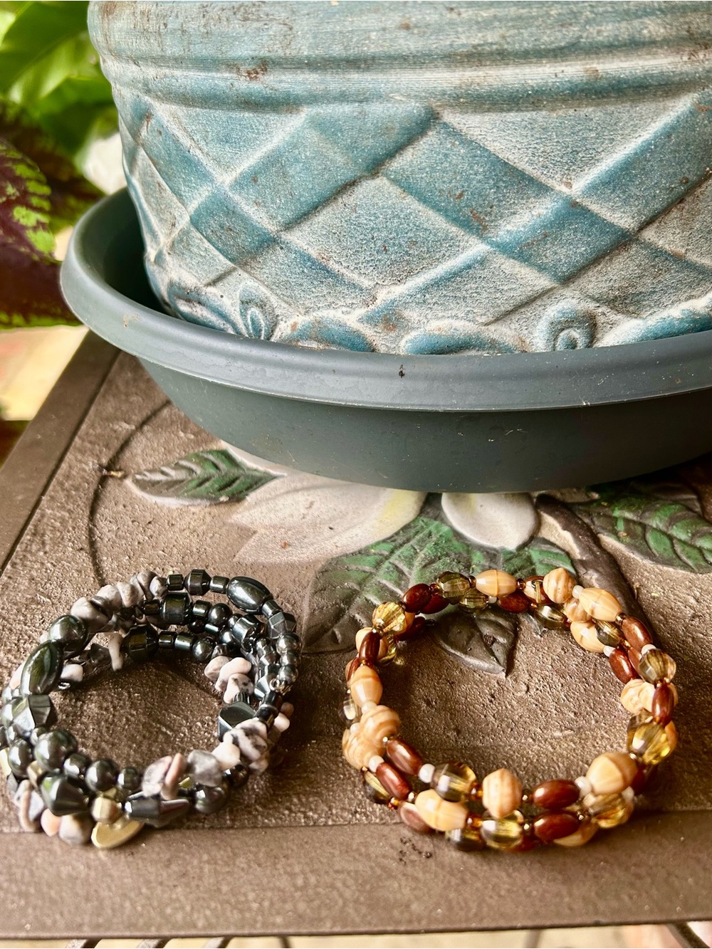 Black Tone and Brown Tone Wire Wrap Beaded Bracelets. Memory Wire Wrap